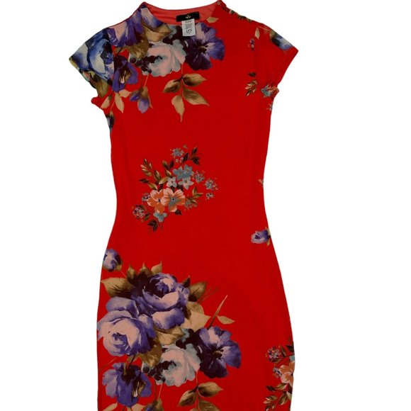 Dresses & Skirts - Red Floral Print Mesh Dress (S)